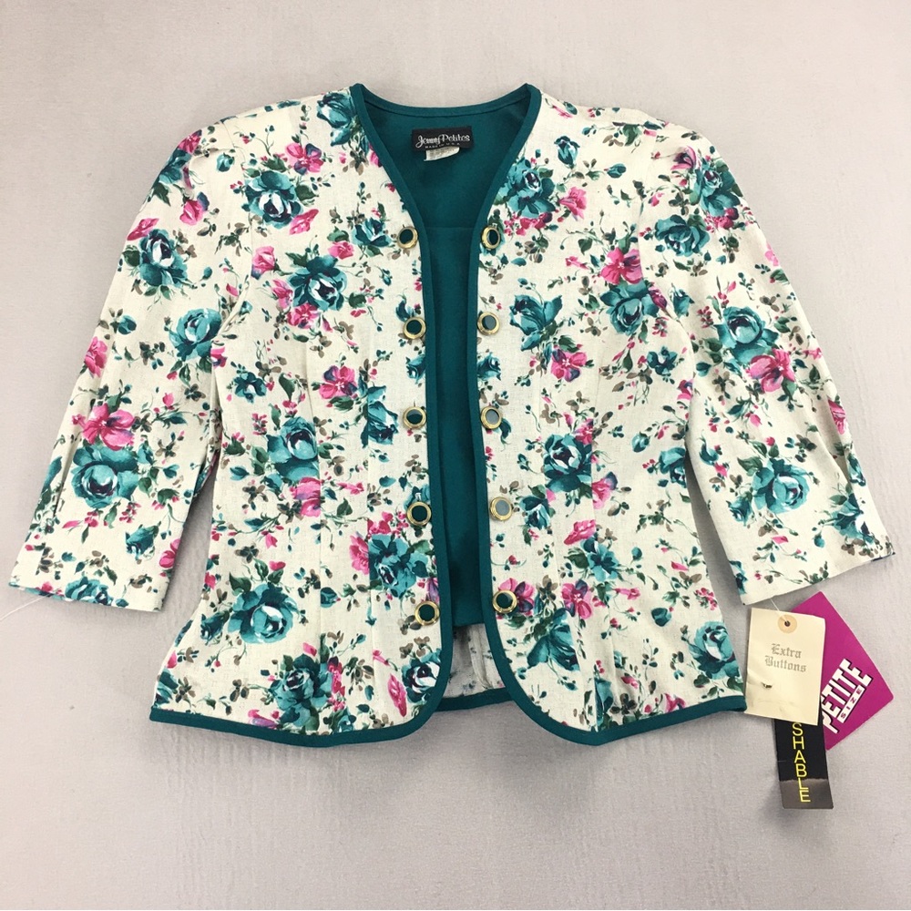 Jenny Petites Womens 12 Floral Colorful Shirt Jacket  Long Sleeve 80s Vintage